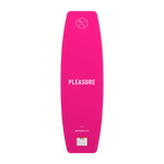 Base view of Pleasure wakeboard with bright pink design and white Pleasure text.