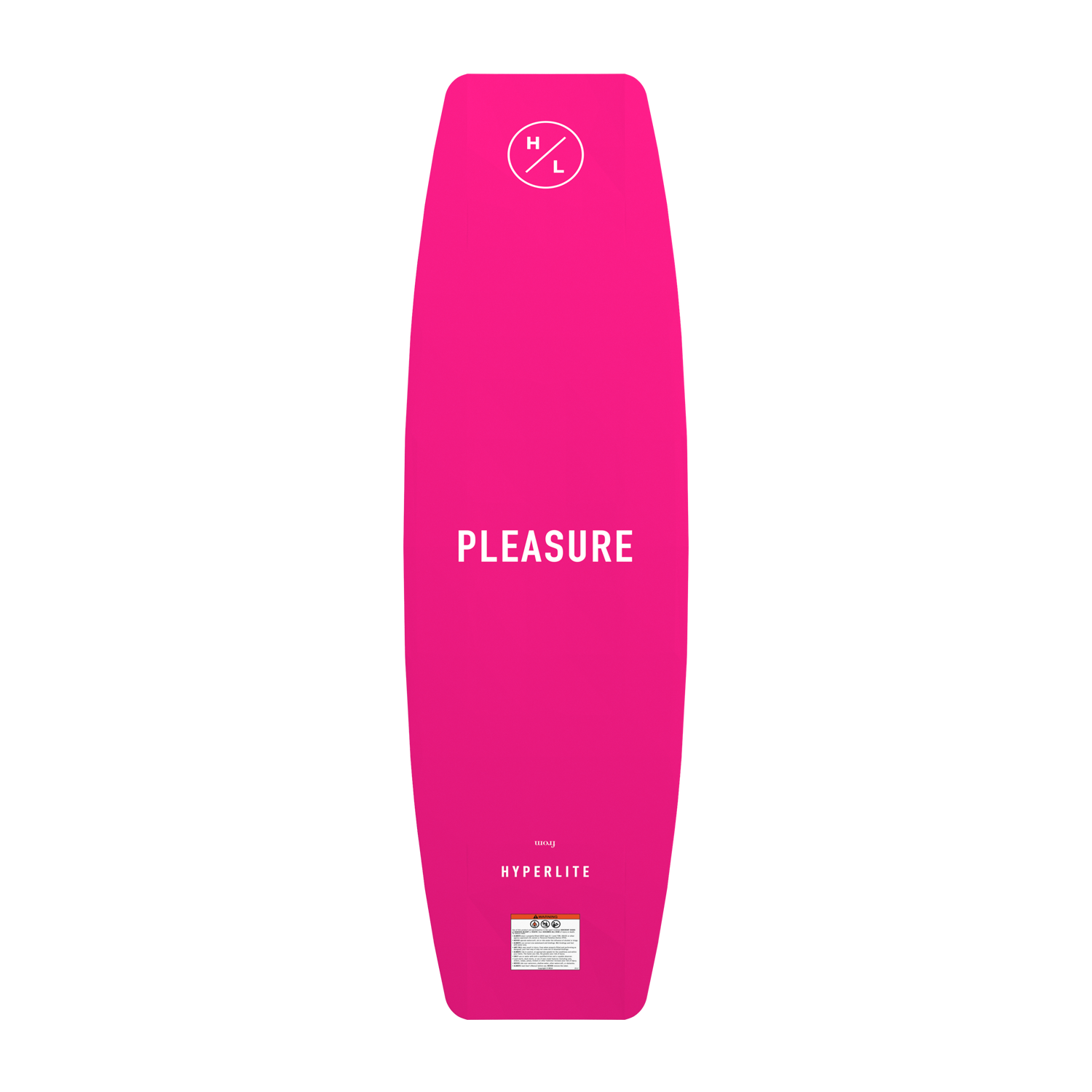 Base view of Pleasure wakeboard with bright pink design and white Pleasure text.