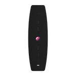 Top view of Pleasure wakeboard with black surface and pink planet graphic at center.