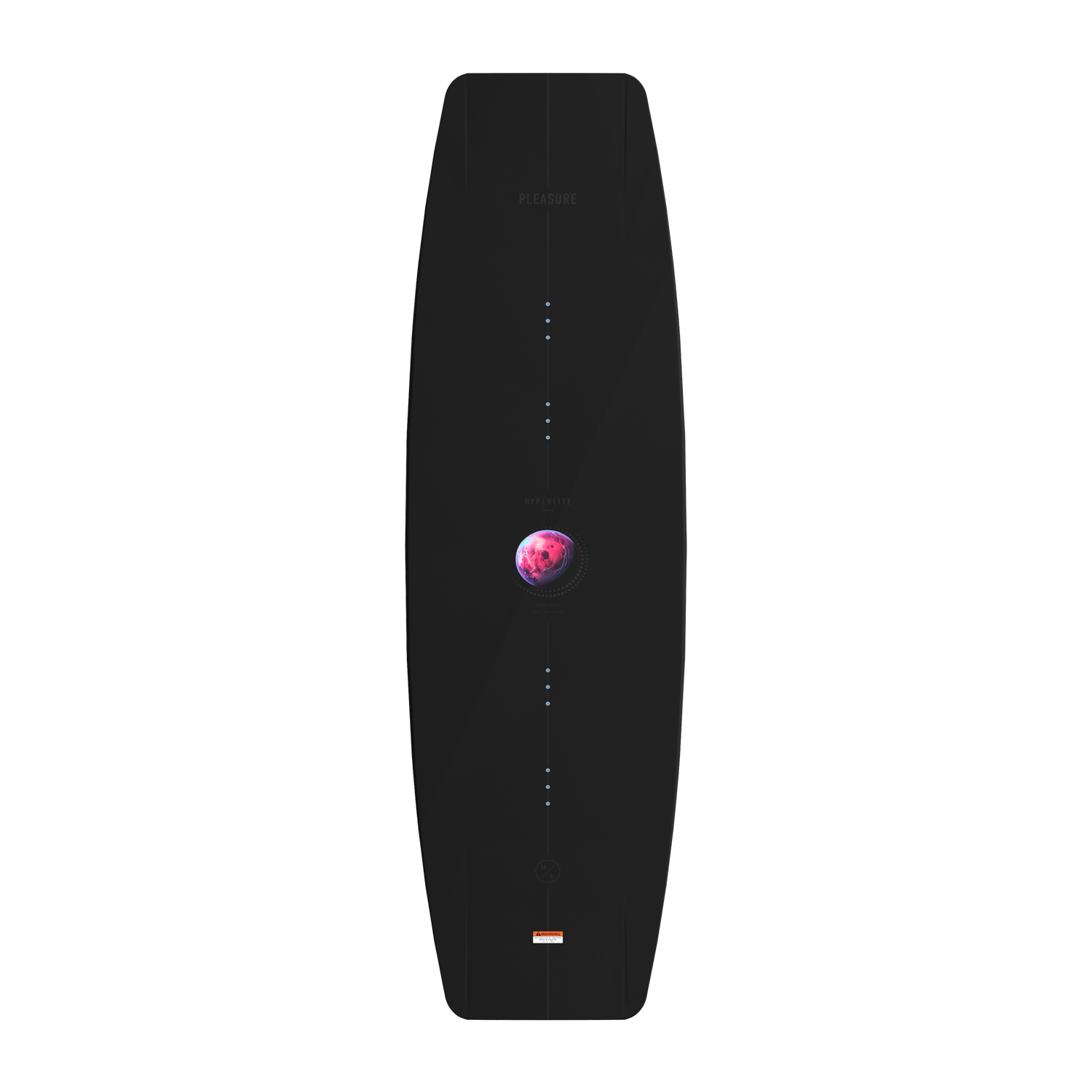 Top view of Pleasure wakeboard with black surface and pink planet graphic at center.