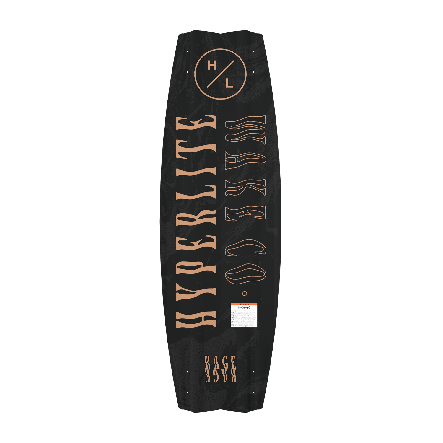 Bottom view of Rage Loaded wakeboard with large copper logo lettering.