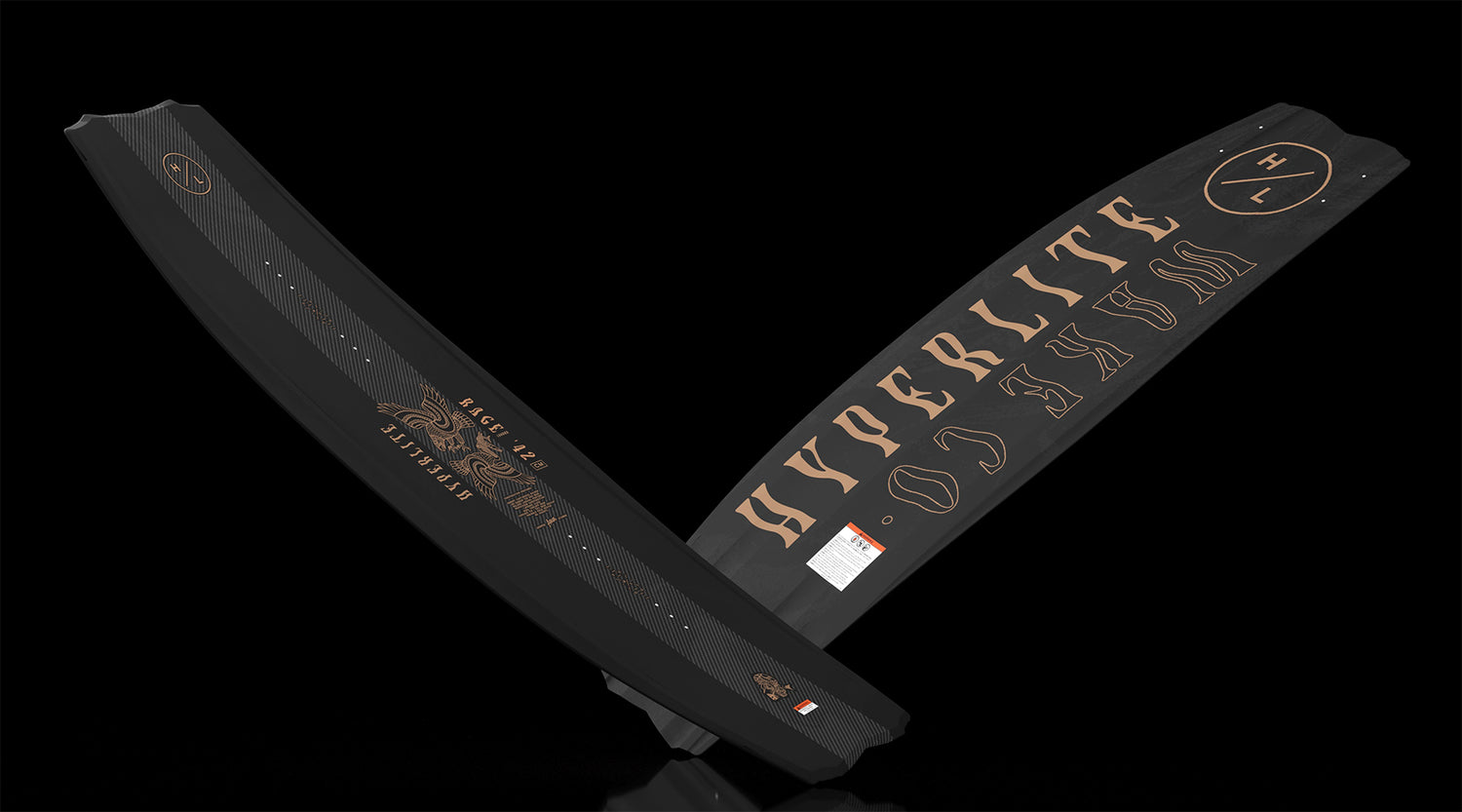 Angled views showing Rage Loaded wakeboard top and base with copper accents.