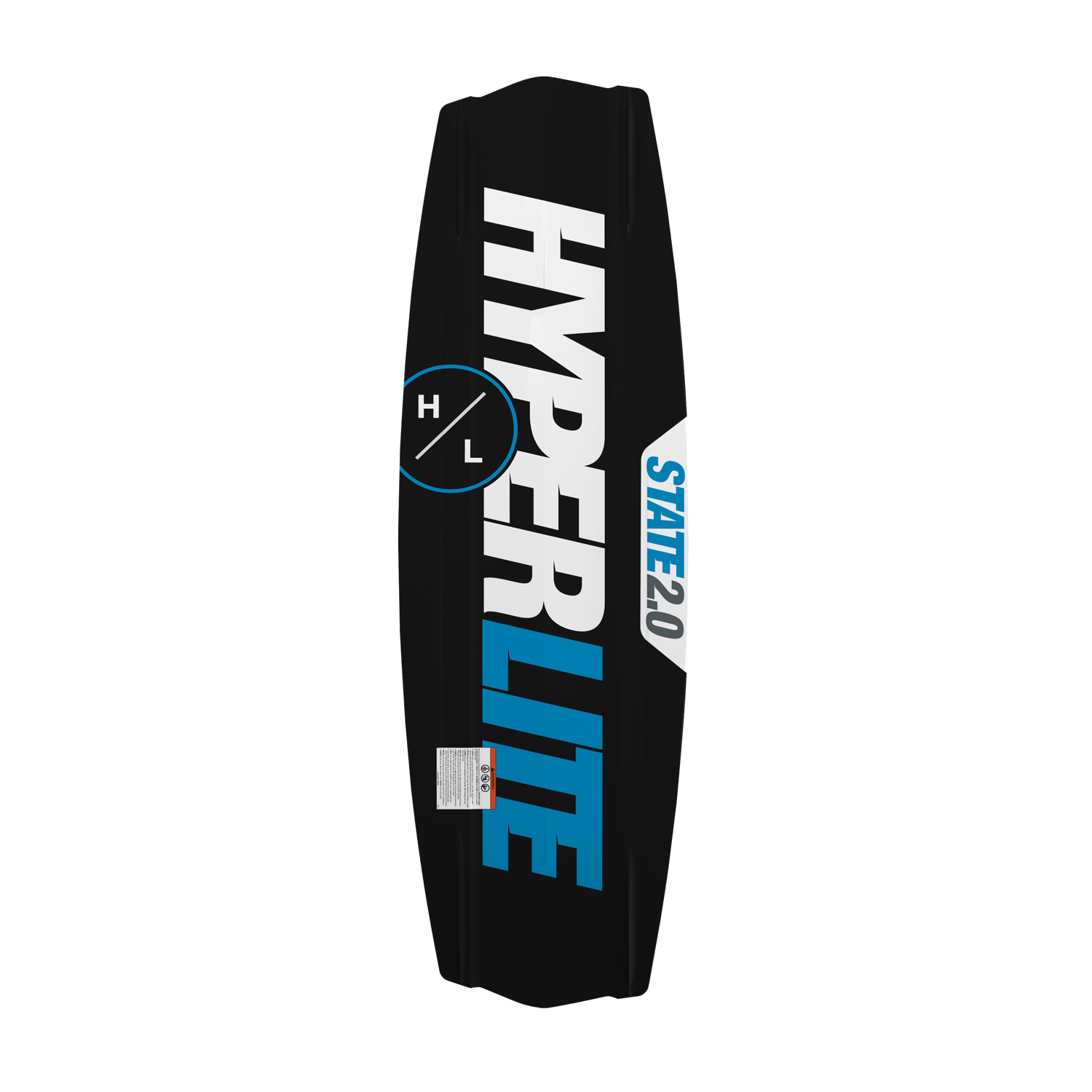 Base view of State 2.0 wakeboard featuring bold Hyperlite logo in blue and white.