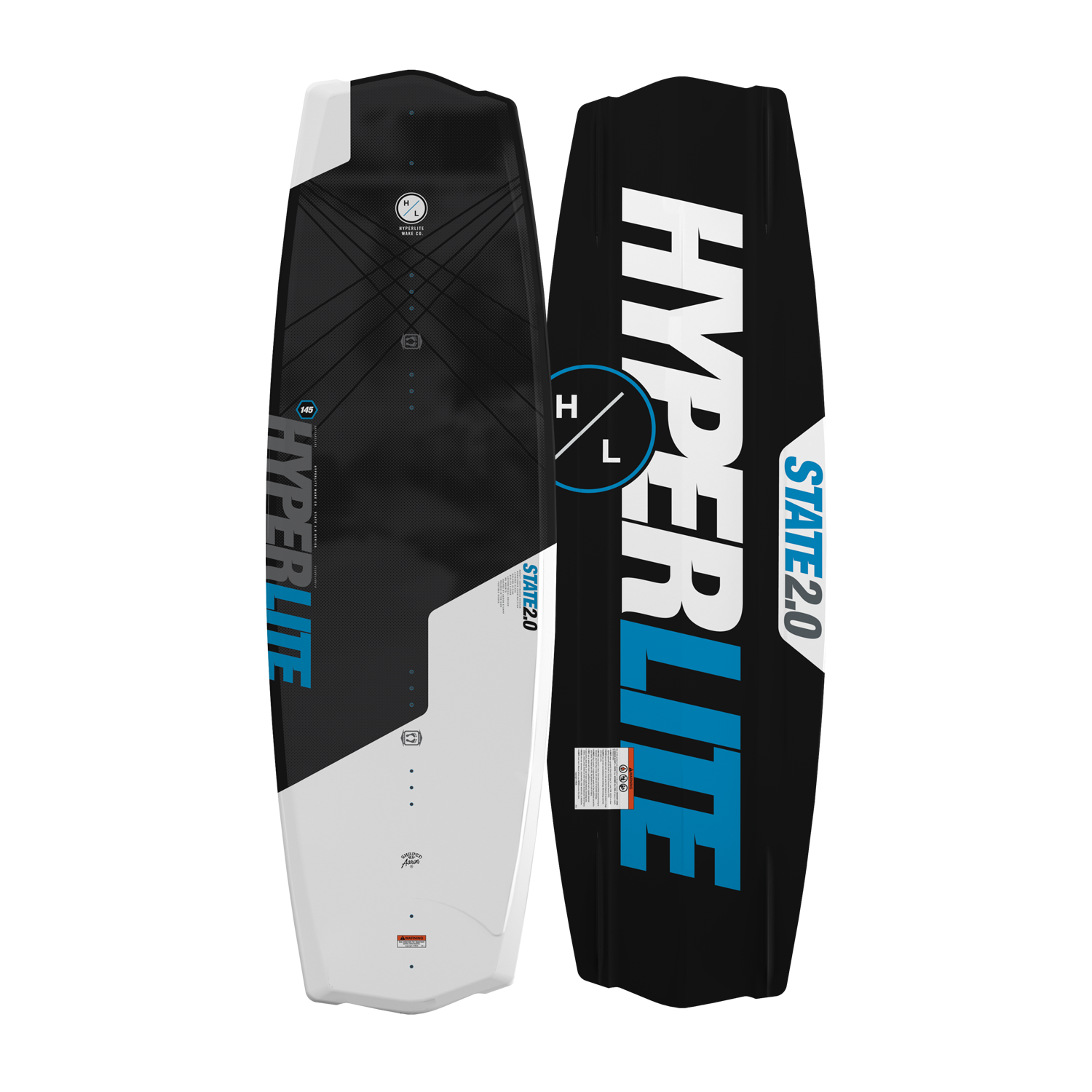 Top and base view of State 2.0 wakeboard showing black, white, and blue design.