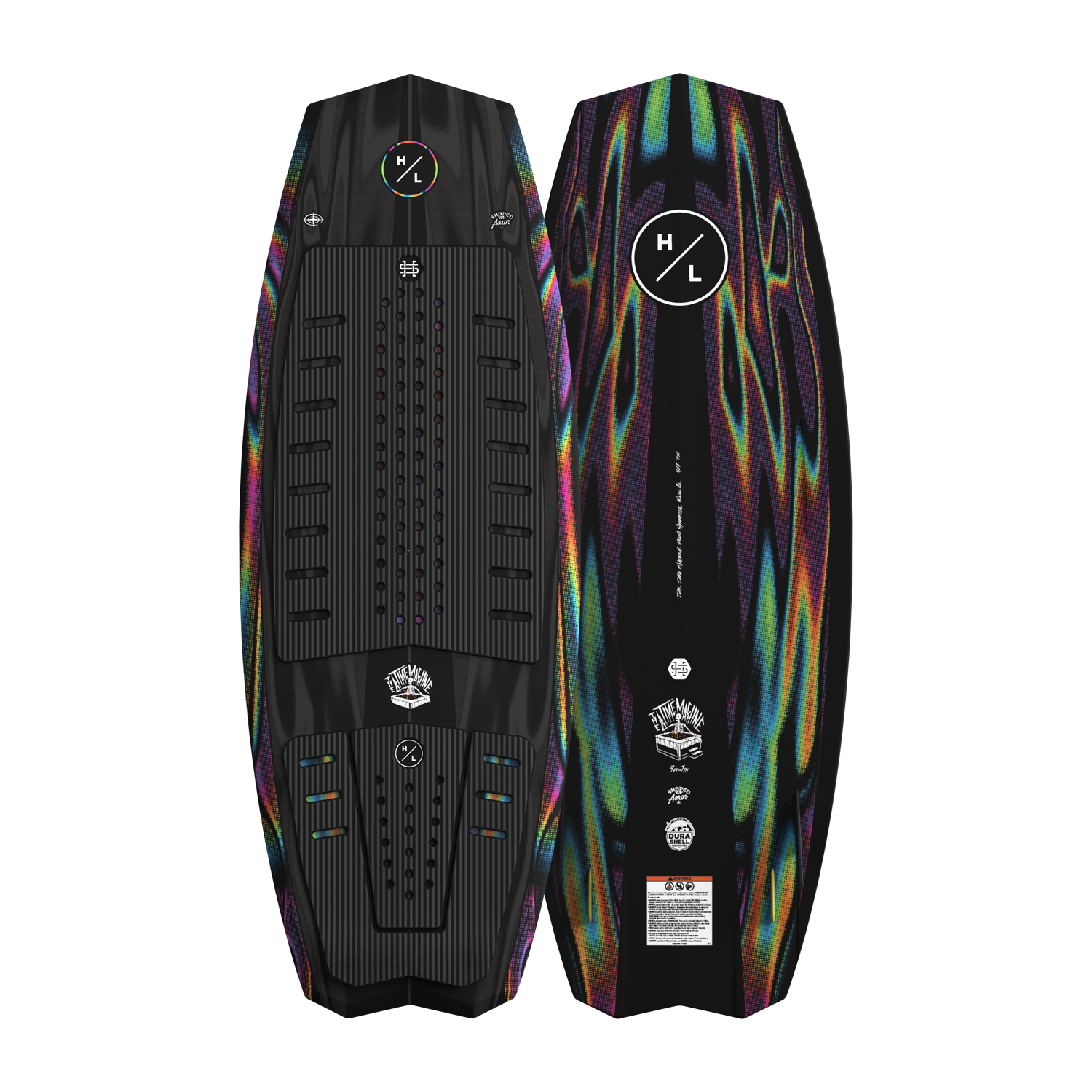 Top and base view of Time Machine board showing black deck with traction pad and abstract underside.