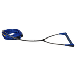 Angled view of Classic handle with blue end caps and grip, attached to coiled blue rope.