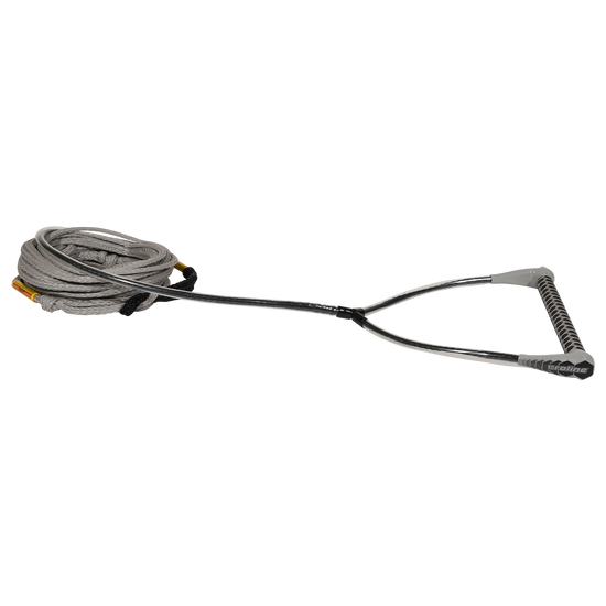 Angled view of Classic handle with gray end caps and grip, attached to coiled gray rope.
