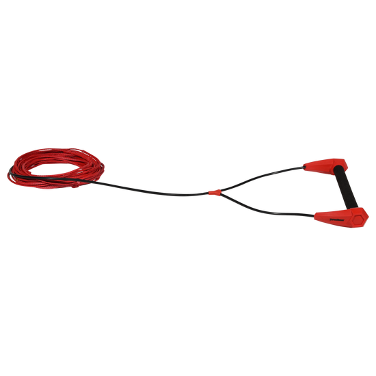 Angled view of Torq handle with black grip and red end caps attached to red rope.