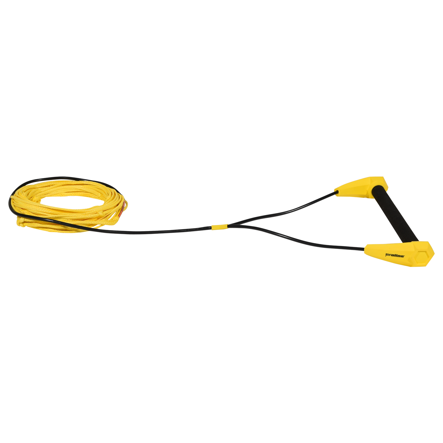 Angled view of Torq handle with black grip and yellow end caps attached to yellow rope.