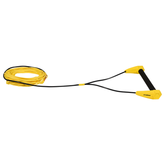 Angled view of Torq handle with black grip and yellow end caps attached to yellow rope.