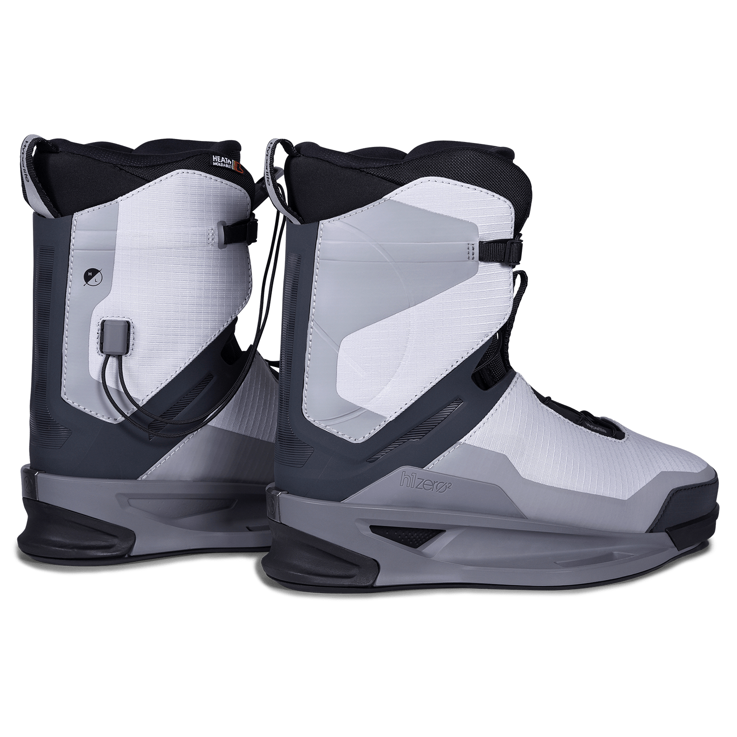 Side view of gray & black wakeboard boots with ZER02 Binding.