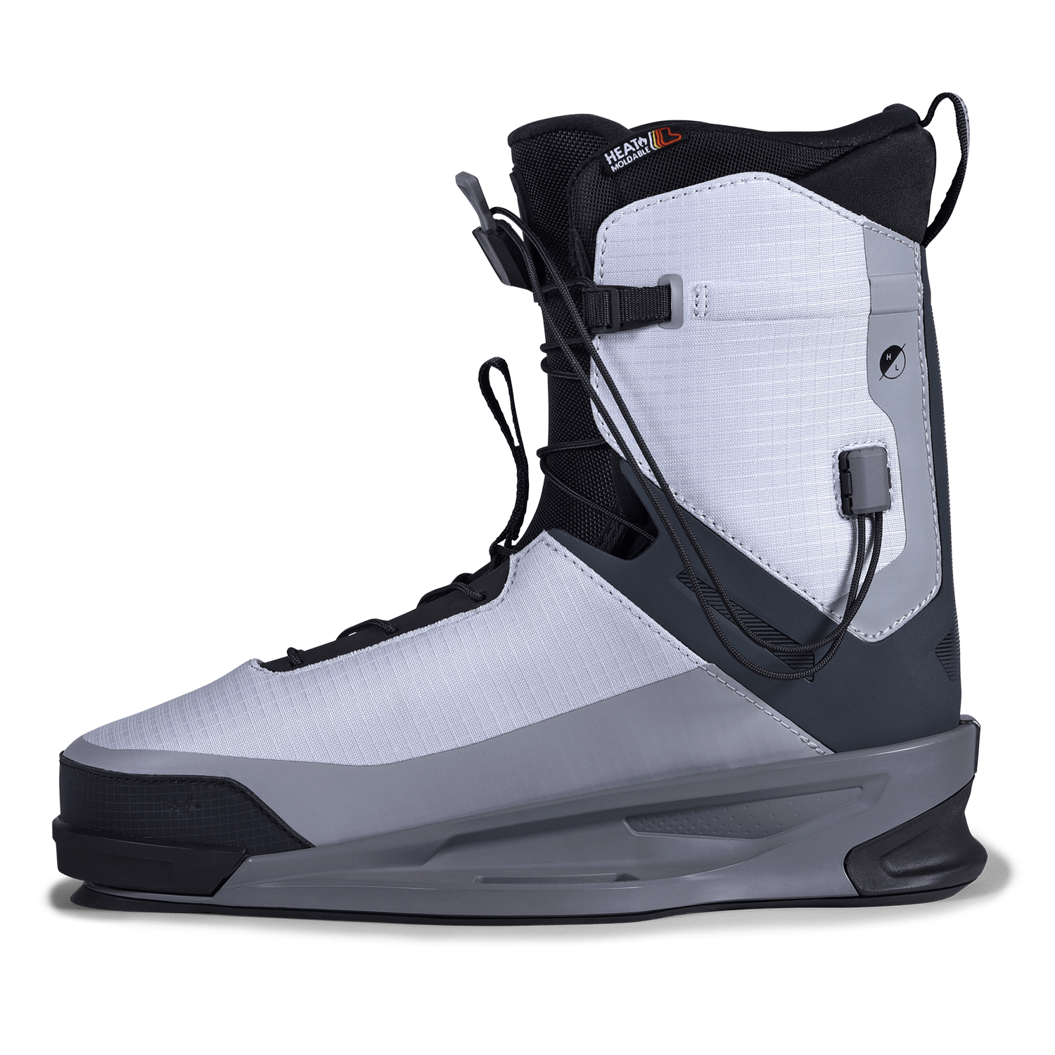 Gray wakeboard boot with black accents, textured design, ZER02 Binding for energy transfer.