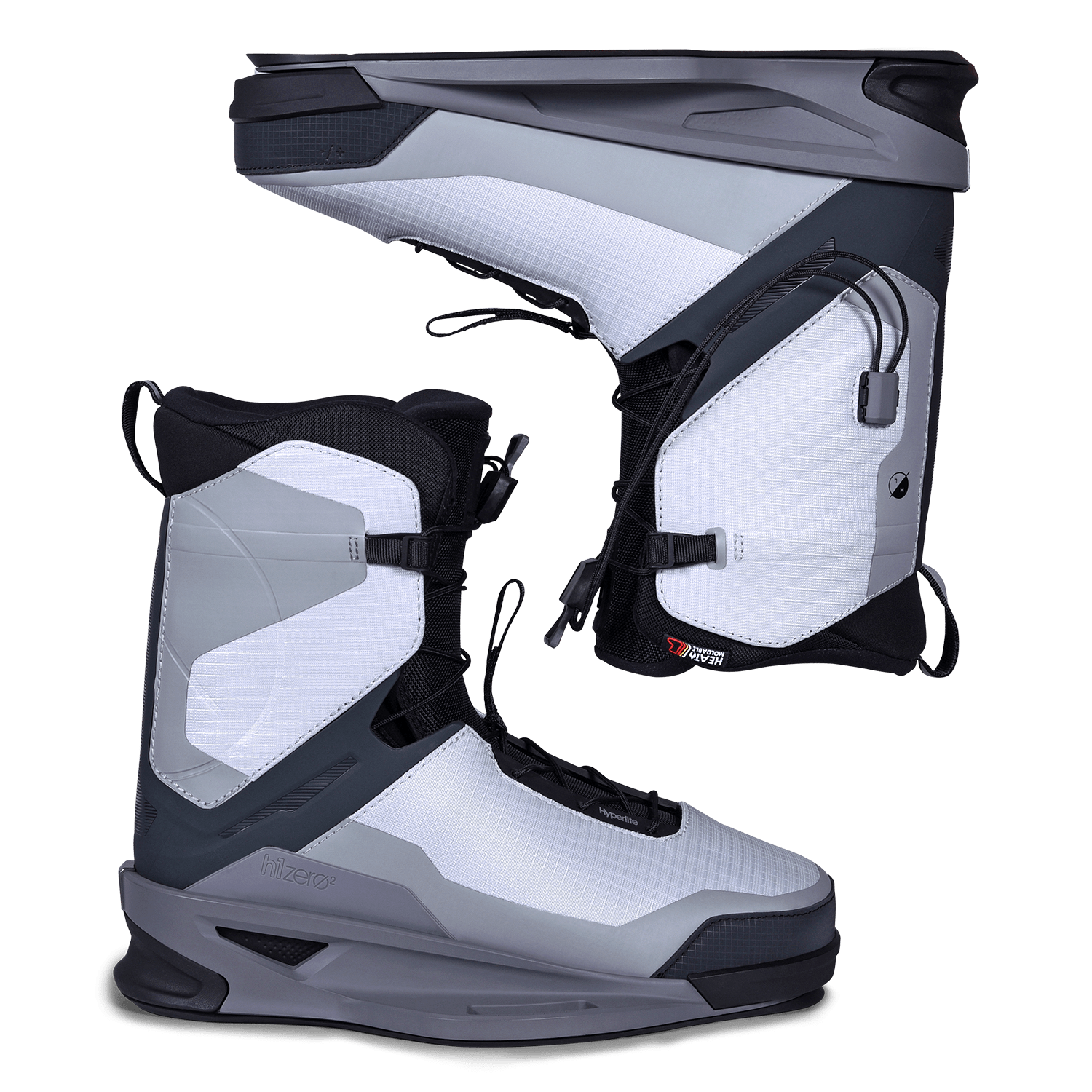 Wakeboard boots in gray and white with ZER02 Binding.