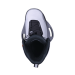 Top view of a ski boot with black and white design featuring ZER02 Binding.