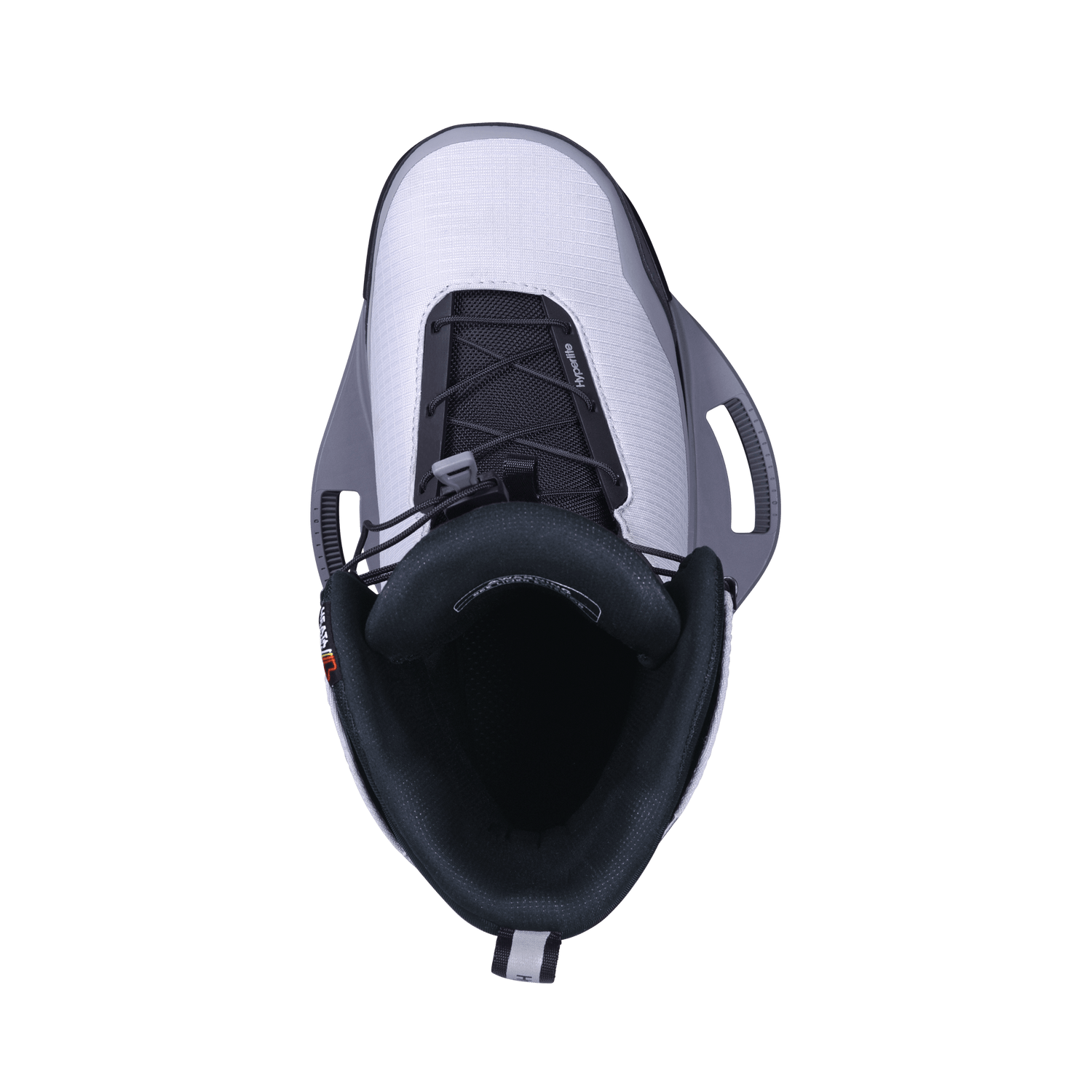 Top view of a ski boot with black and white design featuring ZER02 Binding.