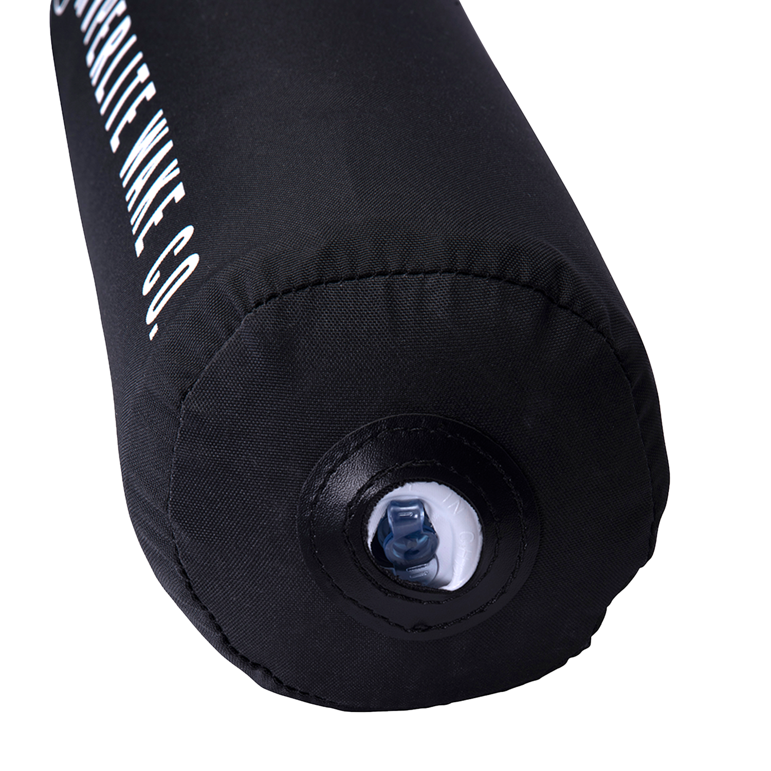 Close-up of a Boat Bumper, black and inflatable, with an end valve.