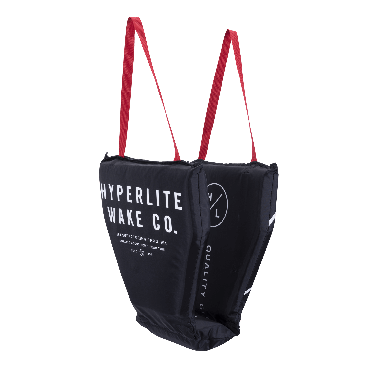 Black Hyperlite wakeboard bag with red straps and HL Cove Cushion Black.