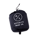 Black drawstring bag, HYPERLITE WAKE CO., fleece lining logo, heater hookup blanket.