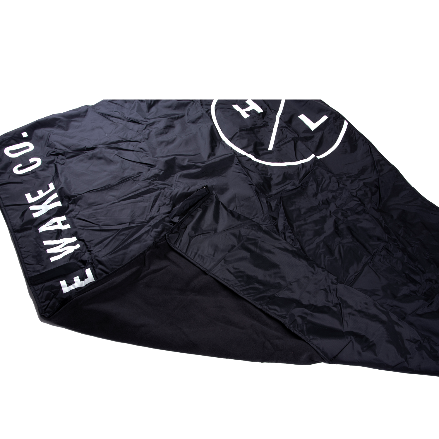 Hyperlite Heater Boat Blanket: Black fabric, white text/logo, fleece lined, partially folded.