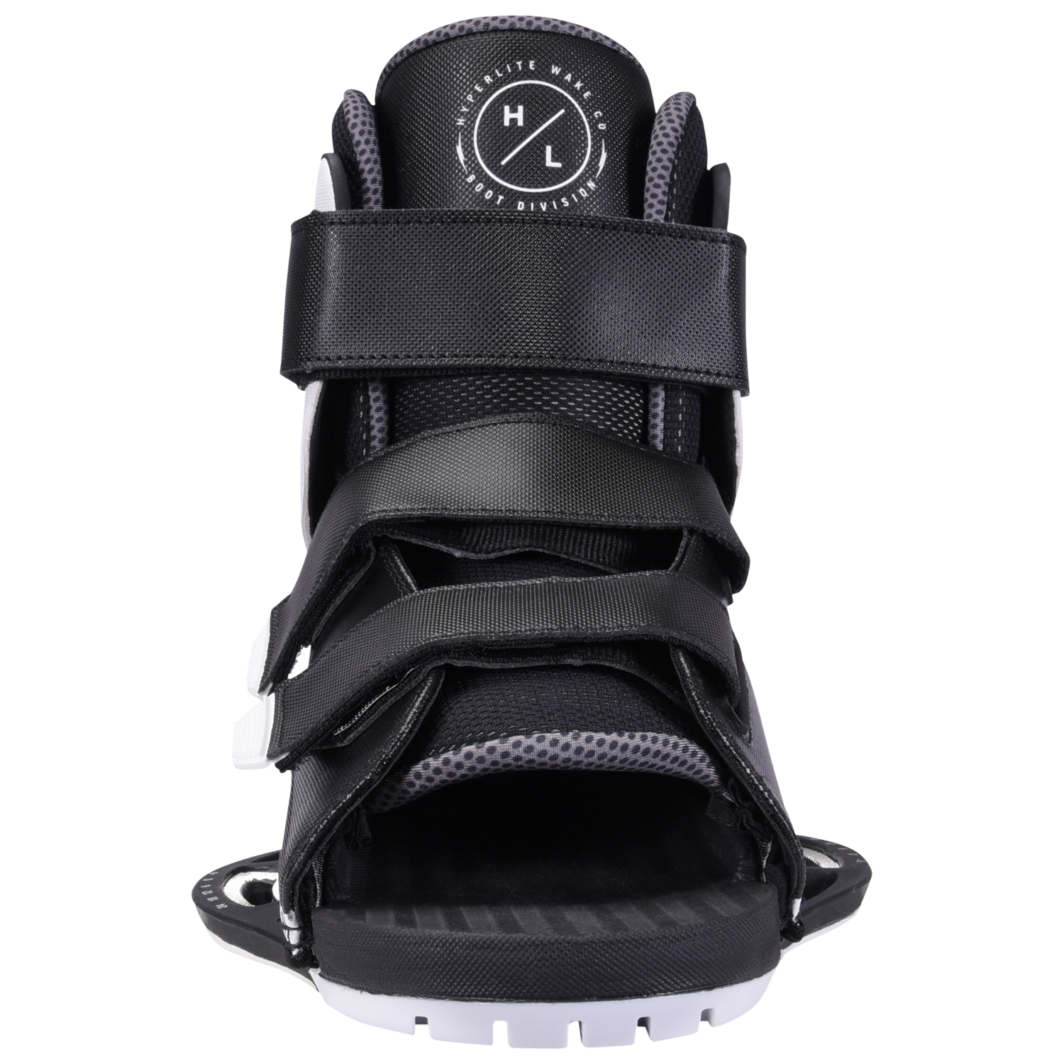 Formula Binding: Black/gray sports shoe with straps, open toe; great for wakeboarding.