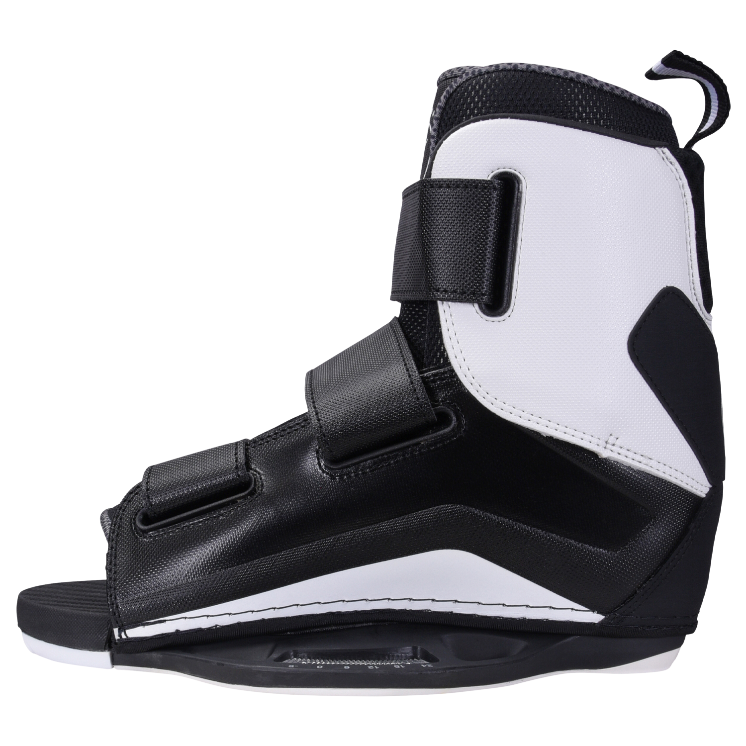 Formula Binding: black/white wakeboard boot, side view, straps & universal mounting.