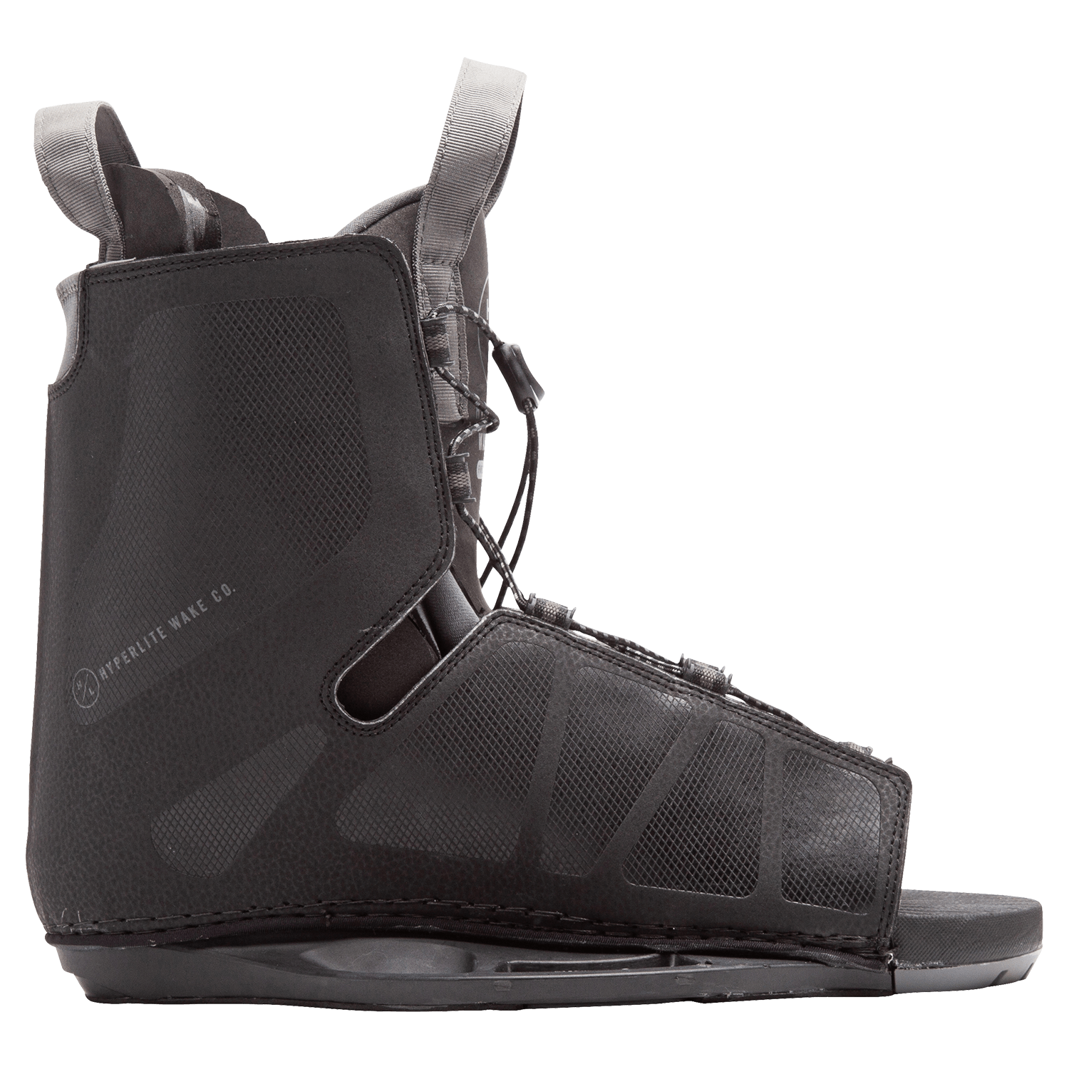 Open-toe black boot with adjustable straps; Hyperlite Frequency Binding design.