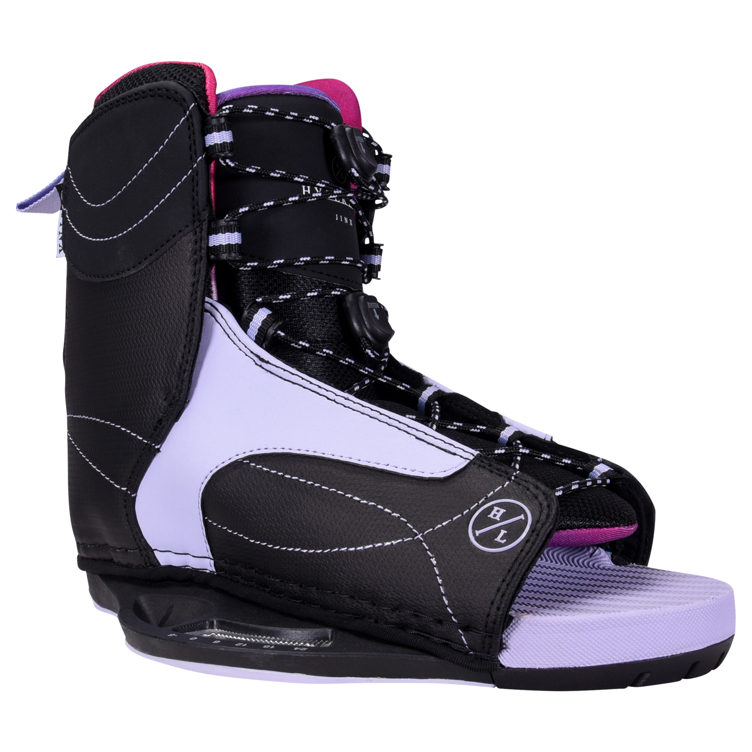 Jinx Binding in black and purple, white stitching, ideal for beginner to intermediate riders.