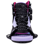 Front view of Jinx Binding, black/purple wakeboard boot with adjustable open toe.