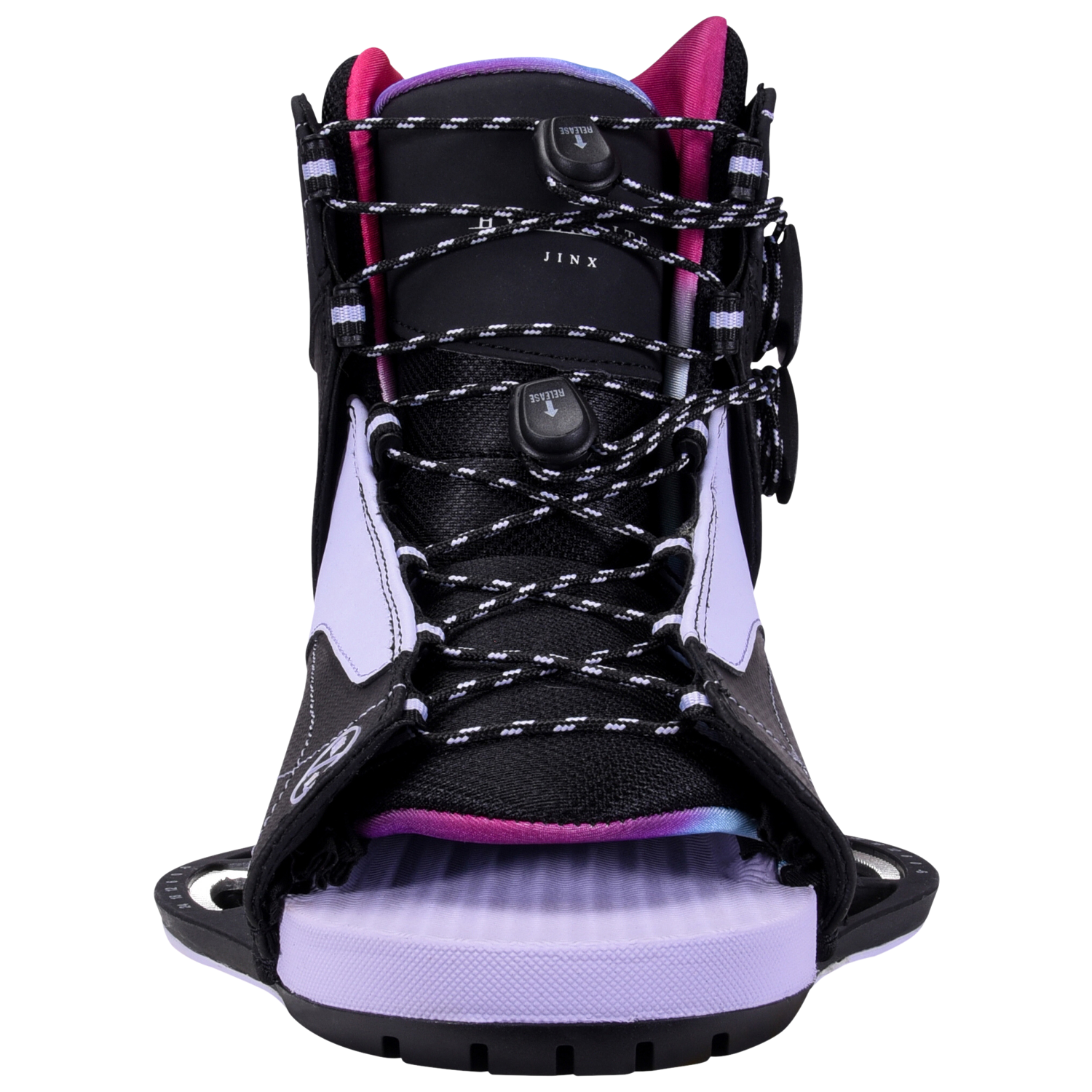 Front view of Jinx Binding, black/purple wakeboard boot with adjustable open toe.