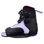 Jinx Binding: Black/purple open-toe with white stitching & adjustable straps.