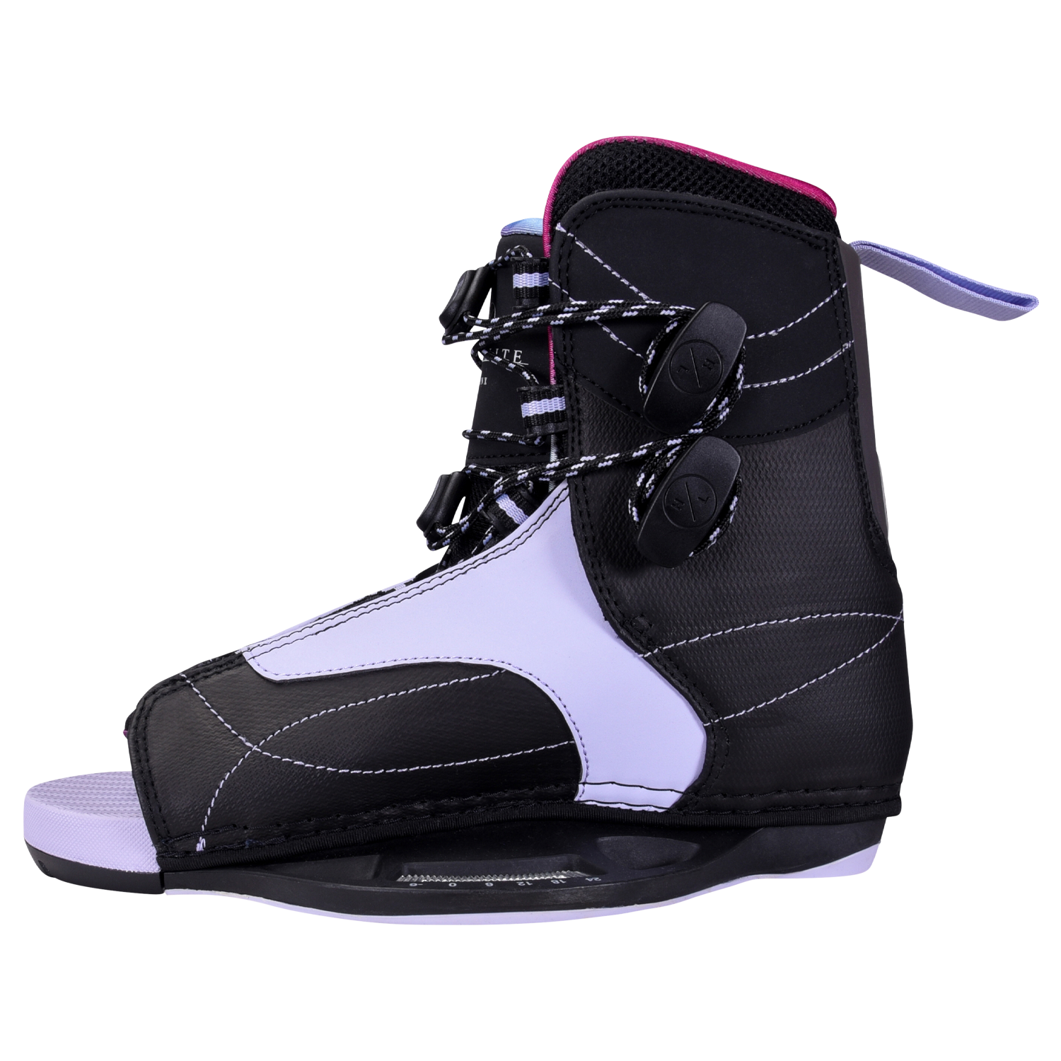 Jinx Binding: Black/purple open-toe with white stitching & adjustable straps.