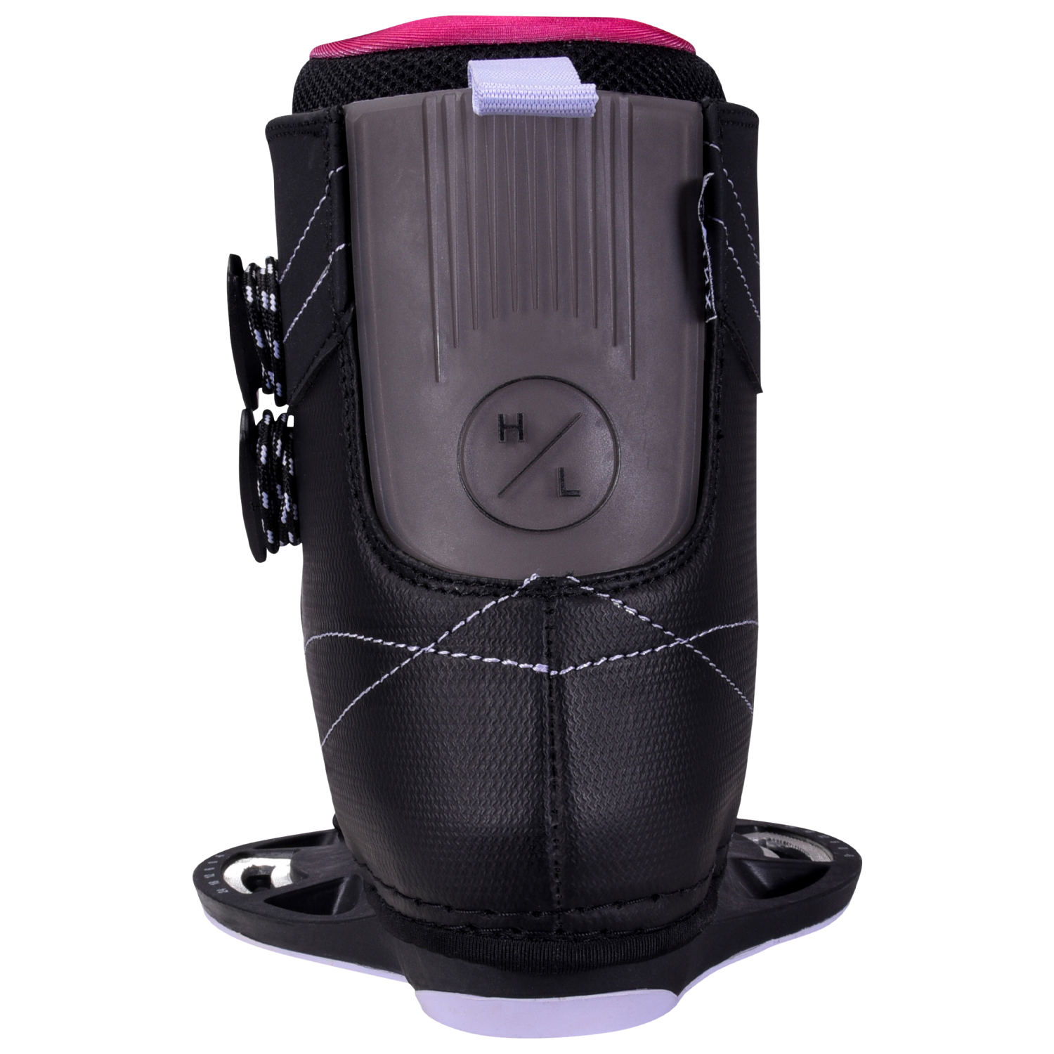 Jinx Binding: Black boot with white stitching, gray accents, perfect for beginner riders.