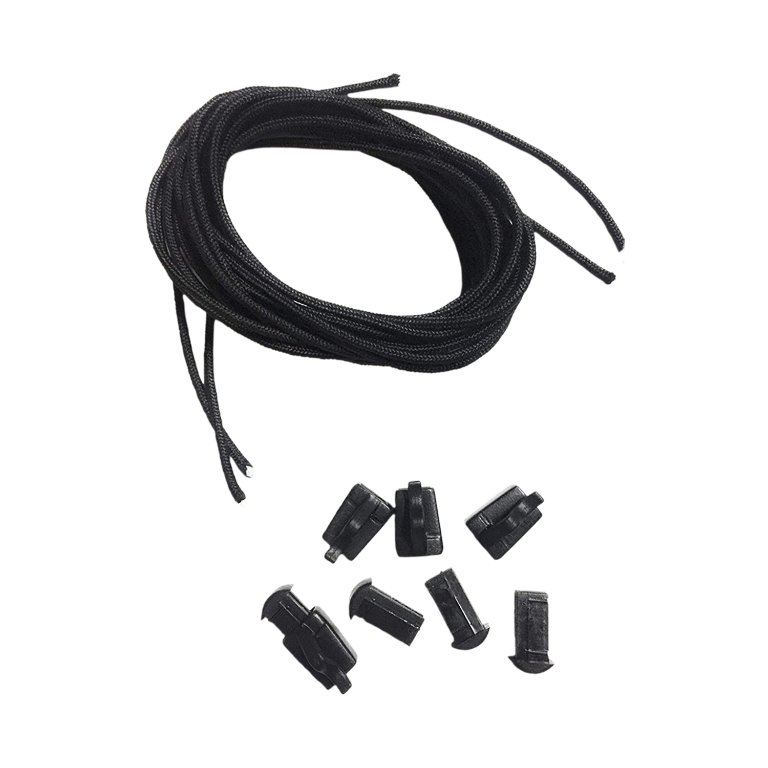 Black Binding Laces with 6 plastic cord locks, perfect for securing.