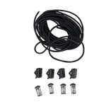 Black coiled rope with 6 clips, 4 metal connectors, and Binding Laces.