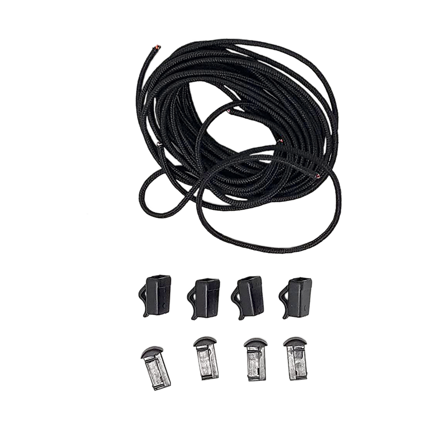 Black coiled rope with 6 clips, 4 metal connectors, and Binding Laces.
