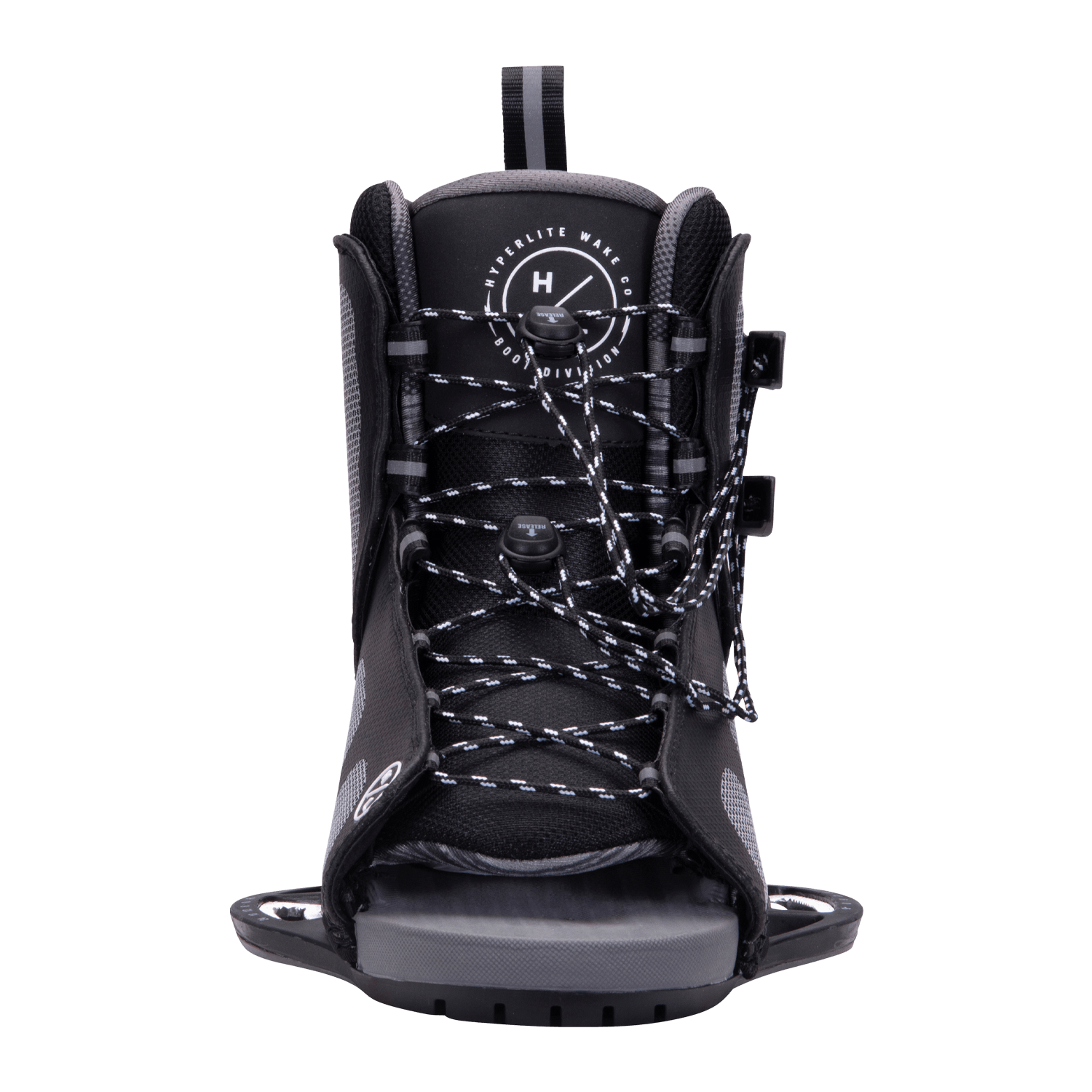 Remix Binding: Black with white laces, front view, perfect for beginner to intermediate riders.