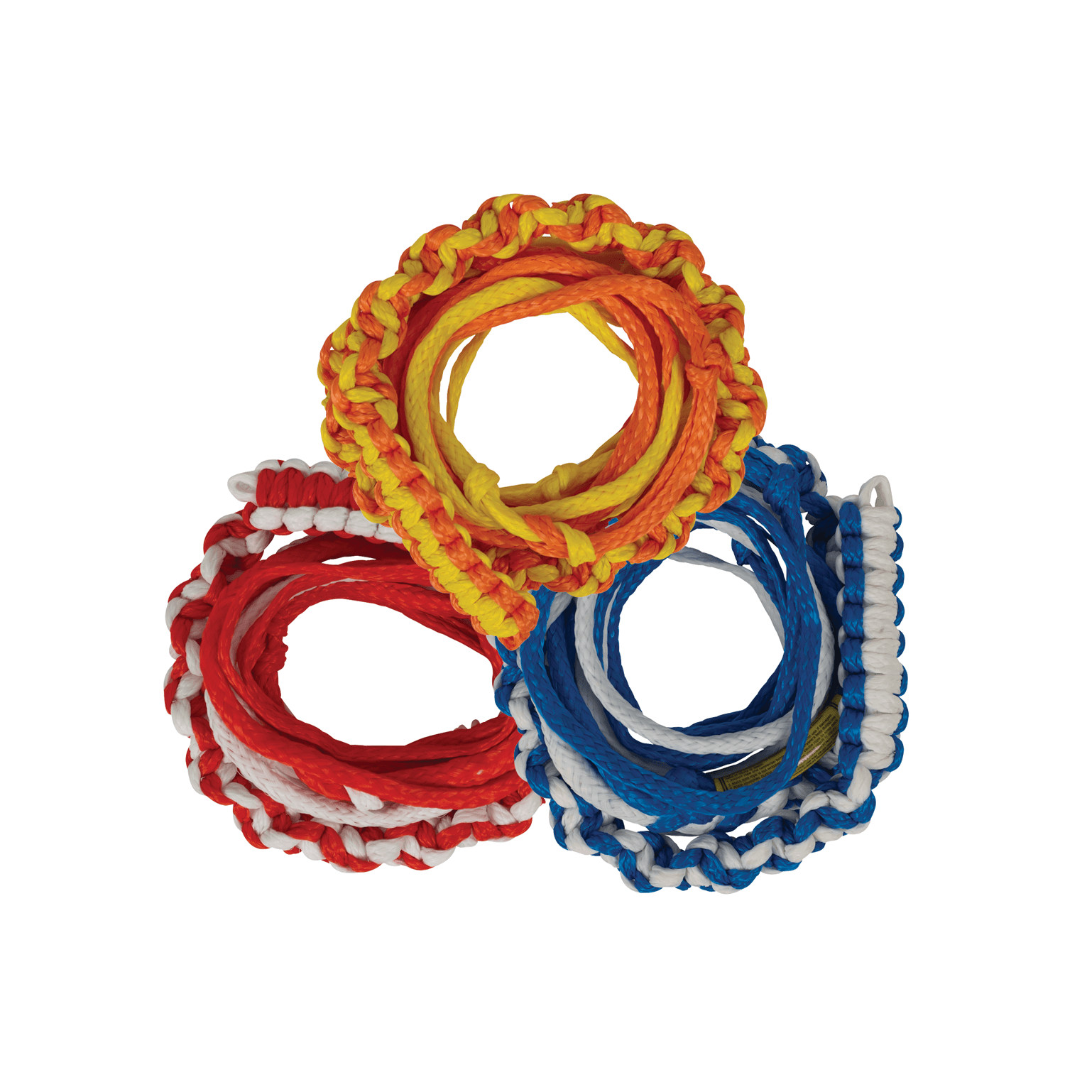 Three 20 Knotted Surf Ropes in red, yellow, and blue overlap each other.