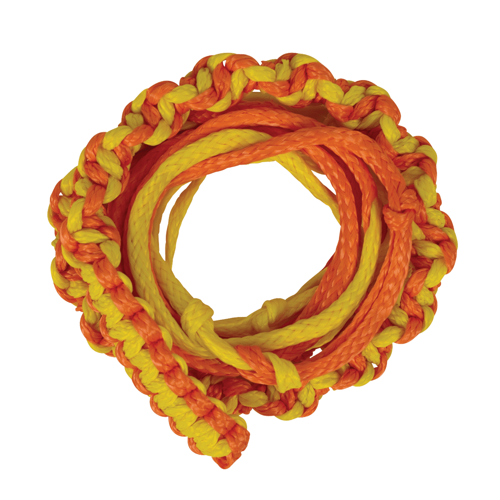 Coiled orange and yellow 20 Knotted Surf Rope with Hyper-Braid Design.
