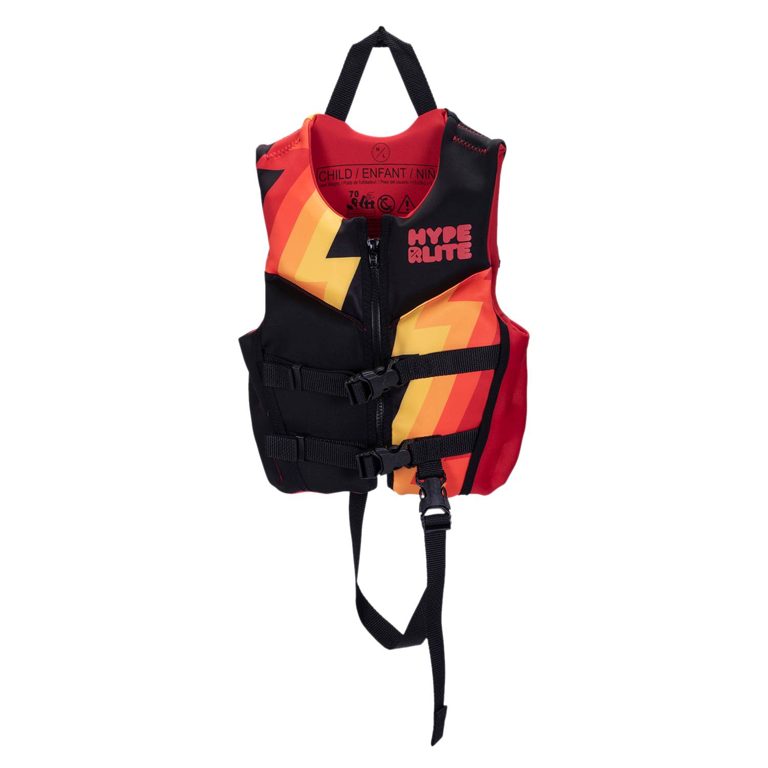 Boys Child Indy - CGA Vest: Red/black PFD with orange stripes, buckles, and handle.