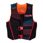Boys Youth Indy Vest - Large: a vibrant life jacket with red buckles and striped design.
