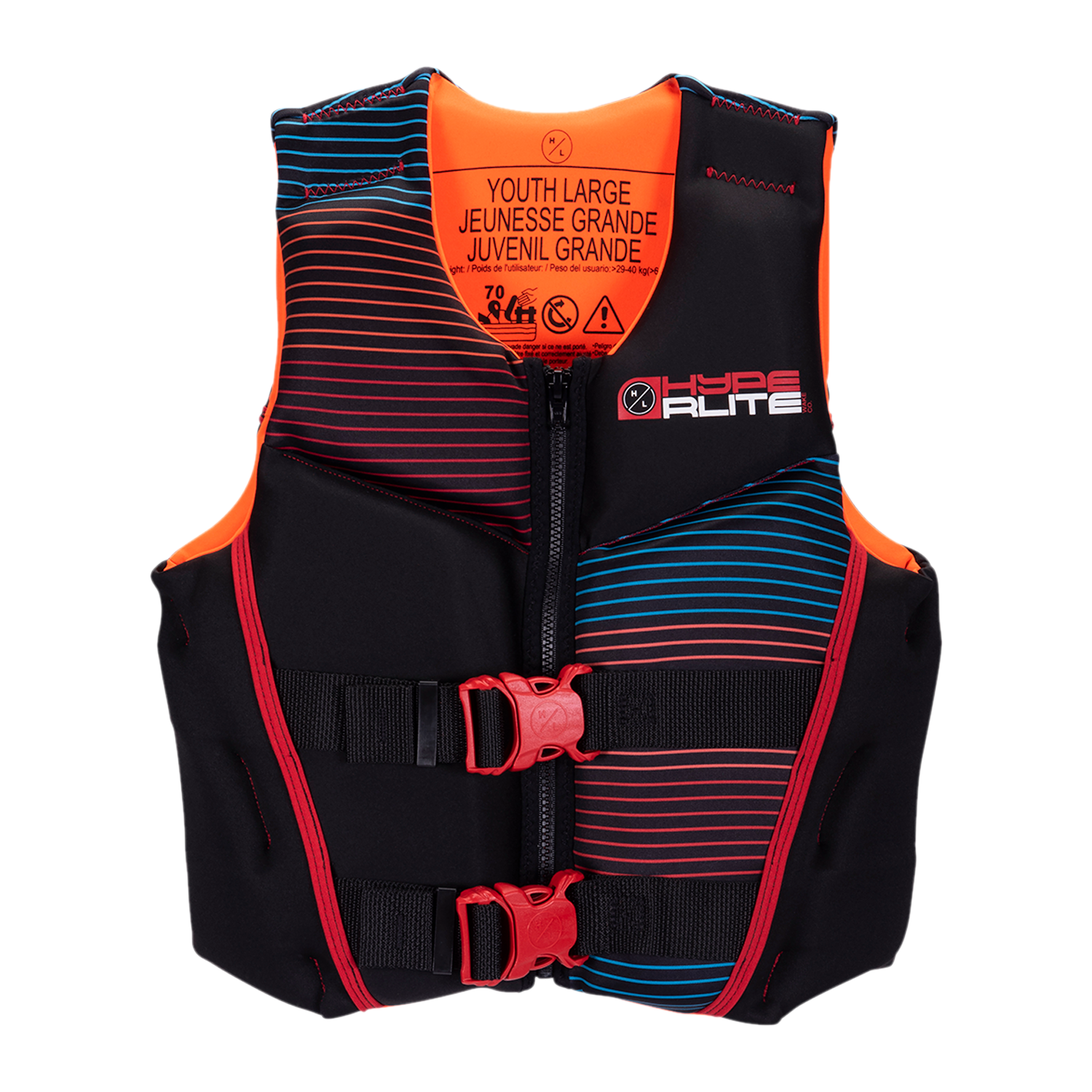 Boys Youth Indy Vest - Large: a vibrant life jacket with red buckles and striped design.