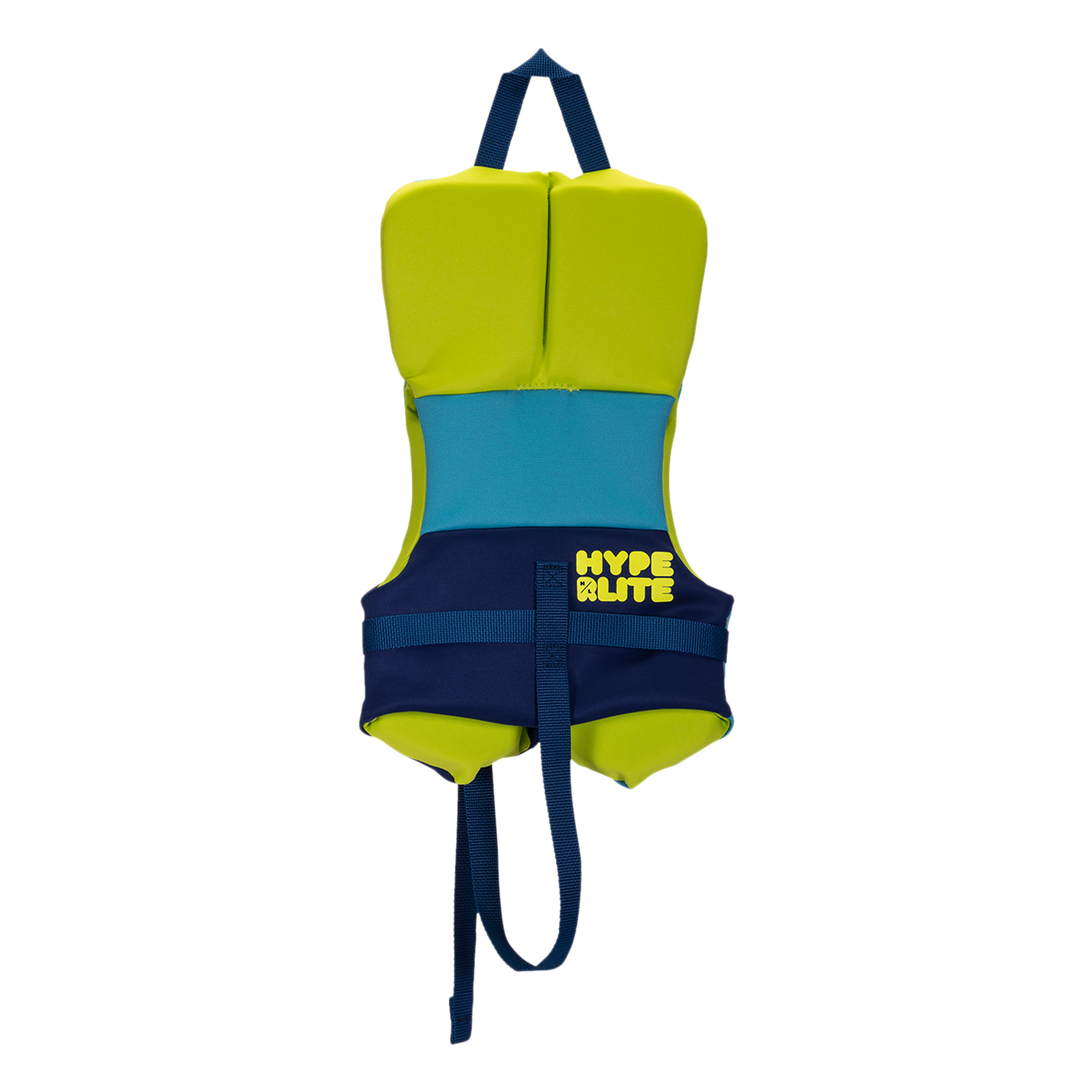 A green-blue USCG-approved vest with Hyperlite text, called Boys Toddler Indy CGA.