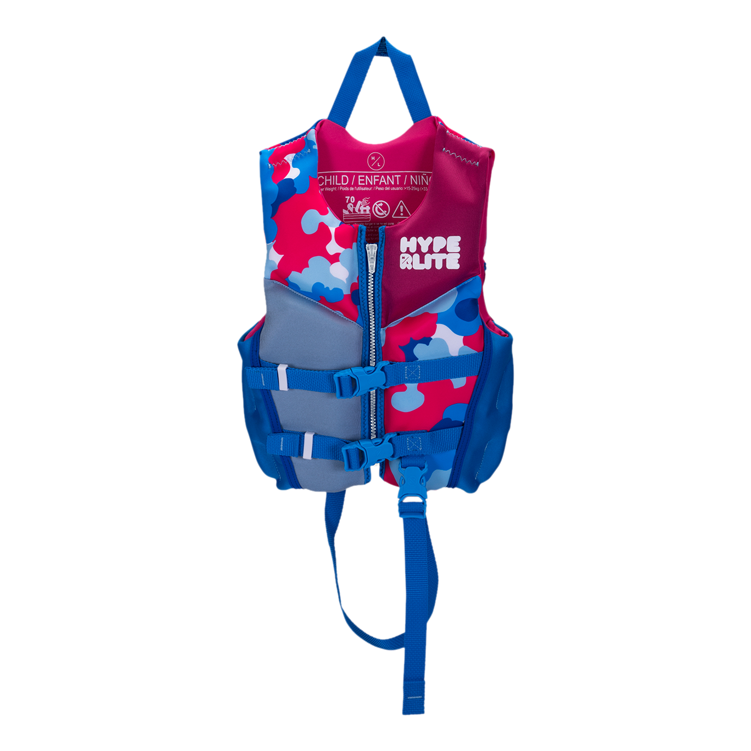 Girls Indy vest in pink & blue with adjustable straps and top handle.