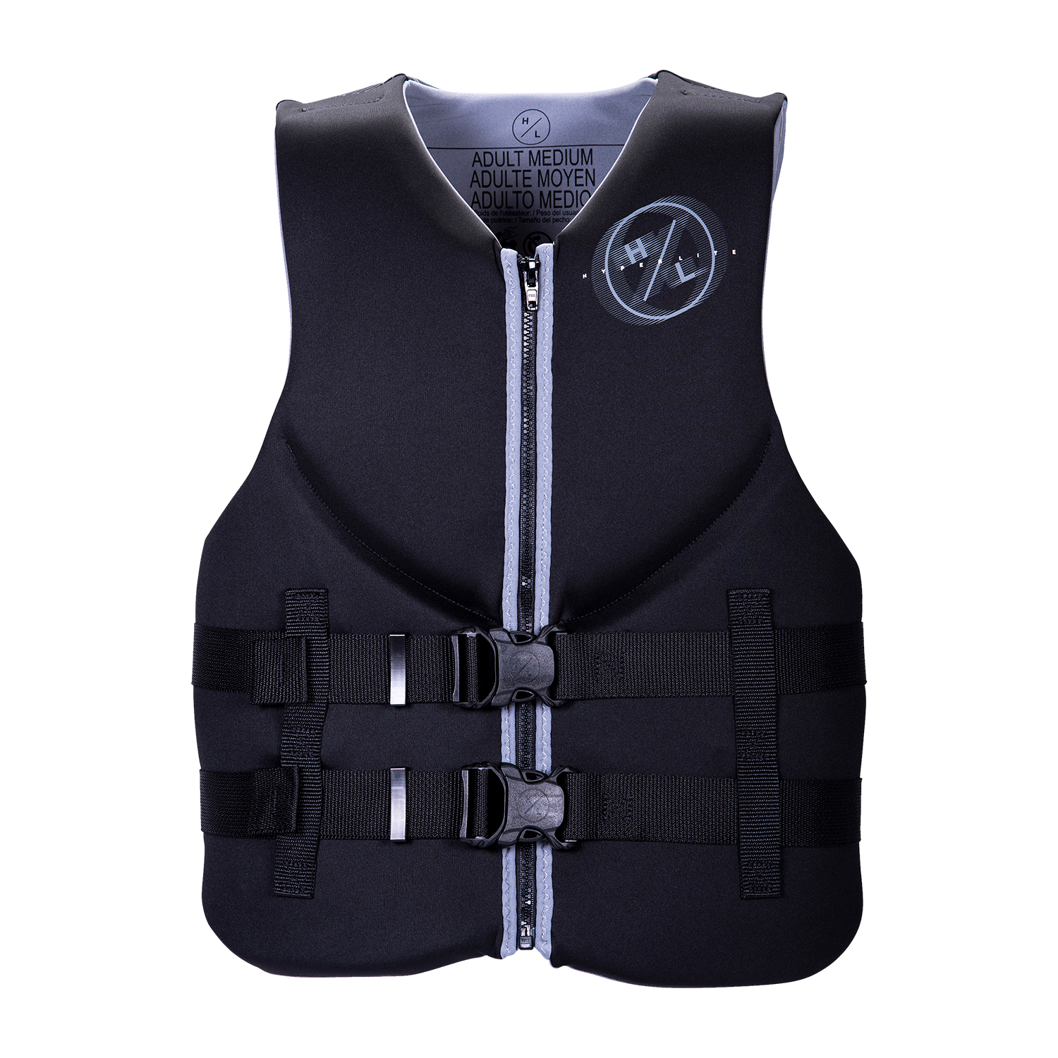 Mens Indy CGA Vest - Grey: Black, front zipper, buckle straps; vital water safety gear.