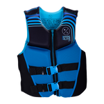 Coast Guard-approved Junior Indy CGA Vest, blue/black with buckle straps and zipper.