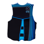 Junior Indy CGA Vest: Black/blue, USCG approved, white logo & stripes.