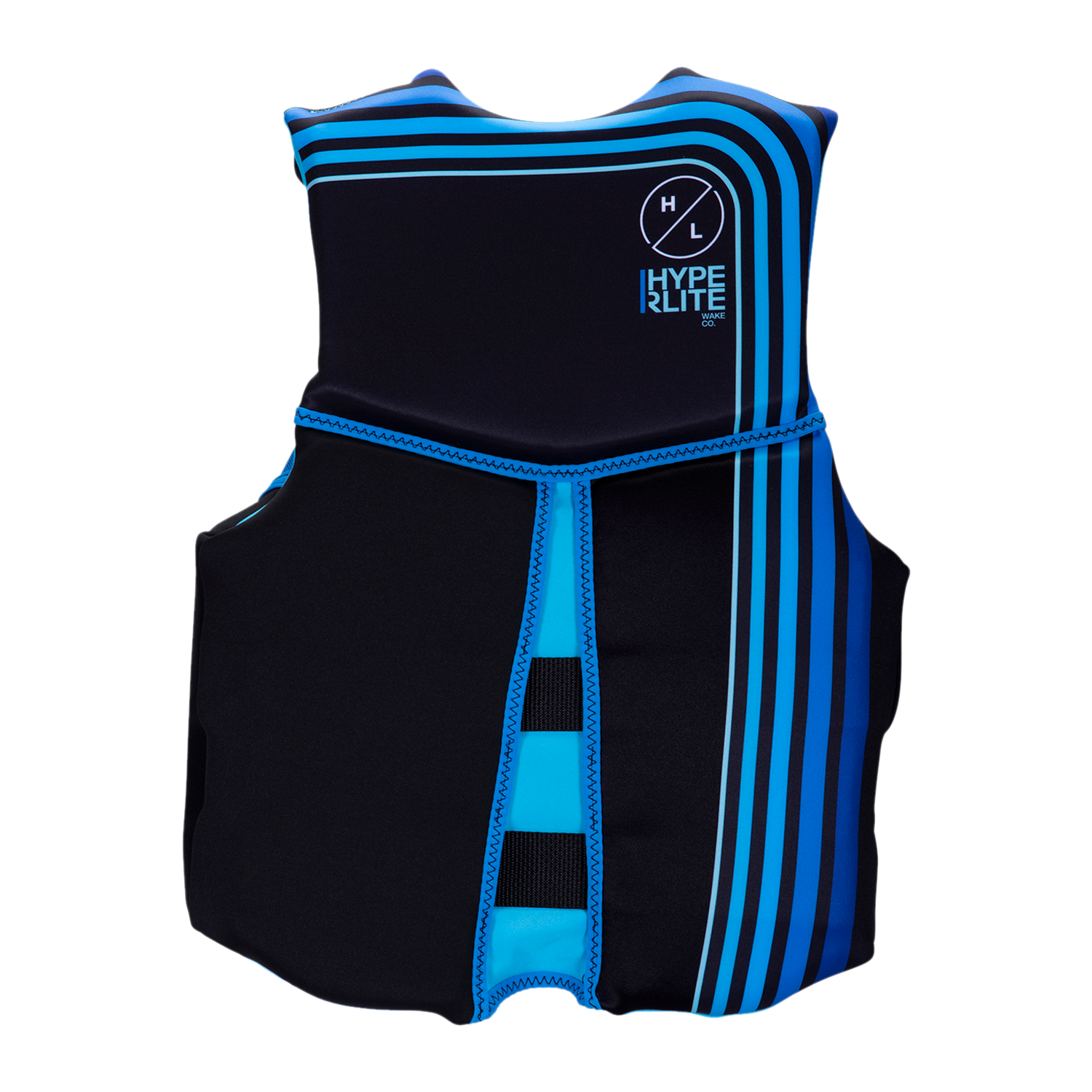 Junior Indy CGA Vest: Black/blue, USCG approved, white logo & stripes.