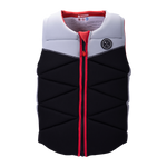A black and gray Riot Jacket with a red zipper and circular logo.