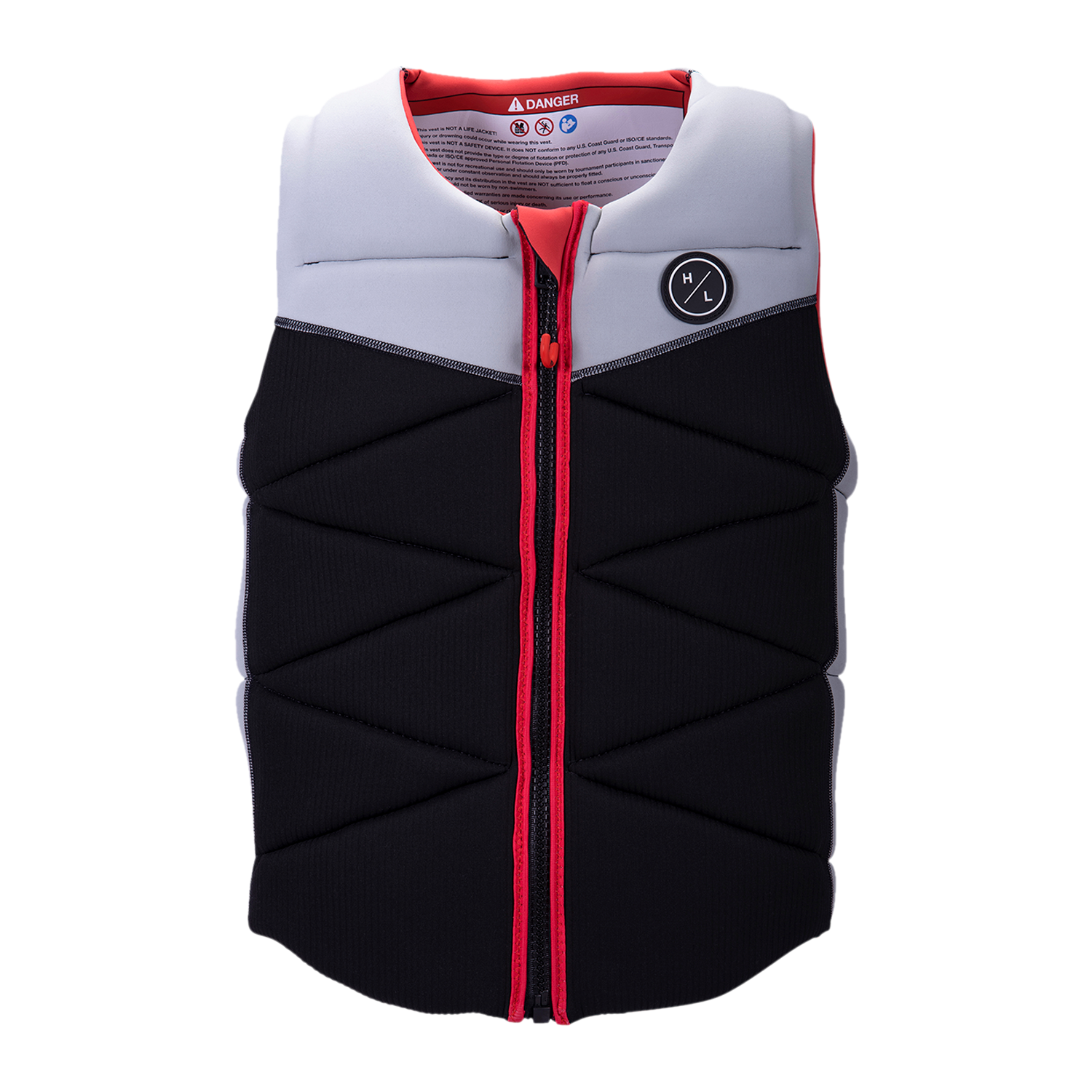 A black and gray Riot Jacket with a red zipper and circular logo.