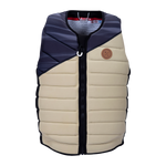 Beige/navy Wishbone Jacket with zipper, small round brown patch for wakeboarding.